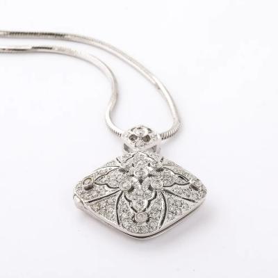 Edwardian Style 14K White Gold Pave Diamond Locket Pendant Necklace