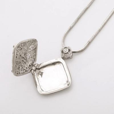Edwardian Style 14K White Gold Pave Diamond Locket Pendant Necklace