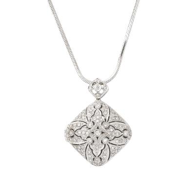 Edwardian Style 14K White Gold Pave Diamond Locket Pendant Necklace