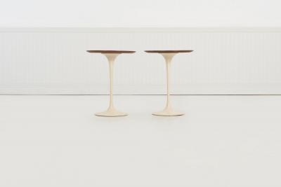 Eero Saarinen Early Eero Saarinen Tulip Side Tables c 1960 Walnut Tops Cast Iron Bases