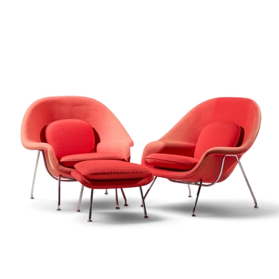 Eero Saarinen Eero Saarinen for Knoll Mid Century Medium Womb Chairs Pair with Ottoman