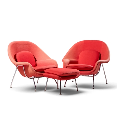 Eero Saarinen Eero Saarinen for Knoll Mid Century Medium Womb Chairs Pair with Ottoman