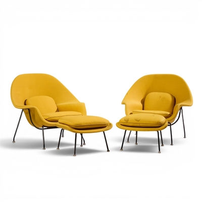 Eero Saarinen Eero Saarinen for Knoll Mid Century Womb Lounge Chairs with Ottomans Pair