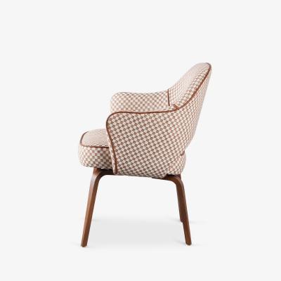 Eero Saarinen Knoll Saarinen Executive Arm Chairs in Schumacher Fabric Leather Walnut