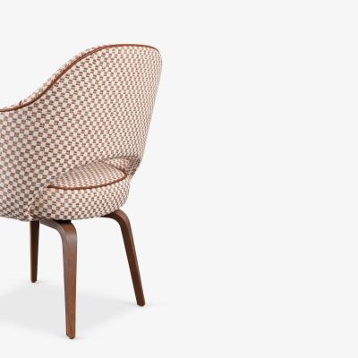 Eero Saarinen Knoll Saarinen Executive Arm Chairs in Schumacher Fabric Leather Walnut
