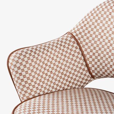 Eero Saarinen Knoll Saarinen Executive Arm Chairs in Schumacher Fabric Leather Walnut