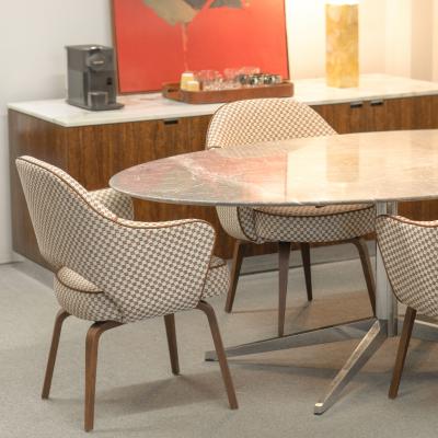 Eero Saarinen Knoll Saarinen Executive Arm Chairs in Schumacher Fabric Leather Walnut
