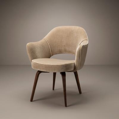 Eero Saarinen Saarinen Executive Arm Dining Chairs in Sand Mohair Walnut Legs