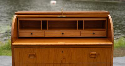 Egon Ostergaard Egon Ostergaard for SMI Sweden Bookmatched Teak Roll Top Desk or Secretary