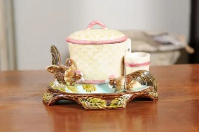 Eichwald Majolica Tobacco Jar with Roosters Pecking the Ground circa 1870