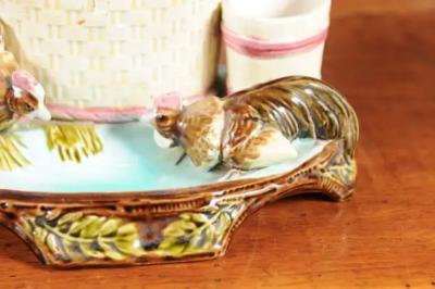 Eichwald Majolica Tobacco Jar with Roosters Pecking the Ground circa 1870