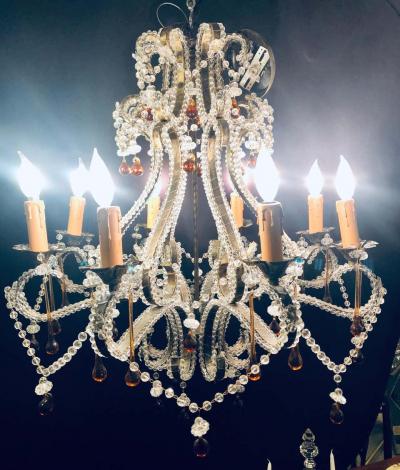 Eight Light Beaded Chandelier with Colored Tear Drop Prisms circa 1960