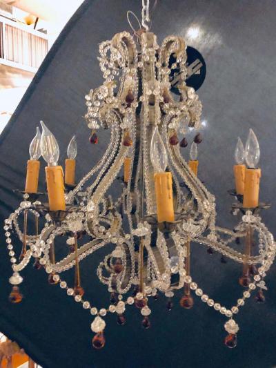 Eight Light Beaded Chandelier with Colored Tear Drop Prisms circa 1960