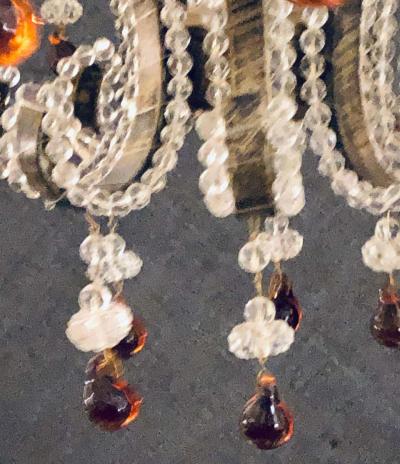 Eight Light Beaded Chandelier with Colored Tear Drop Prisms circa 1960