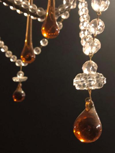 Eight Light Beaded Chandelier with Colored Tear Drop Prisms circa 1960