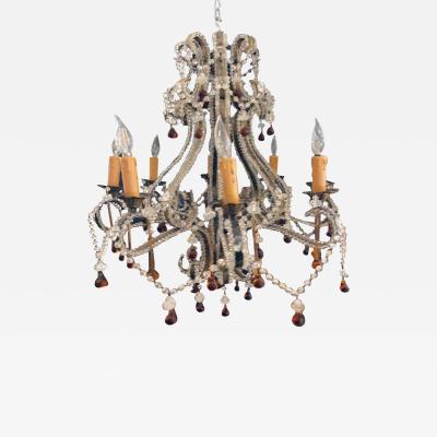 Eight Light Beaded Chandelier with Colored Tear Drop Prisms circa 1960