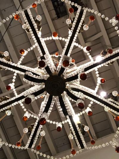 Eight Light Beaded Chandelier with Colored Tear Drop Prisms circa 1960