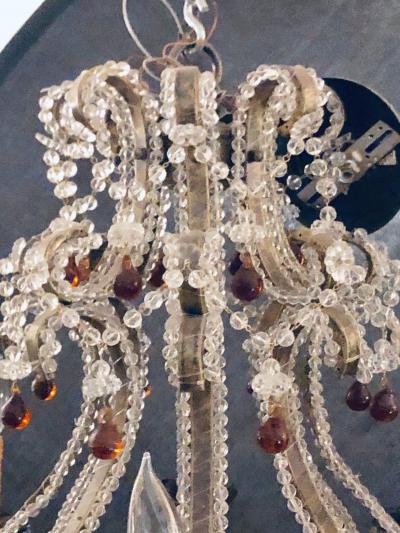 Eight Light Beaded Chandelier with Colored Tear Drop Prisms circa 1960