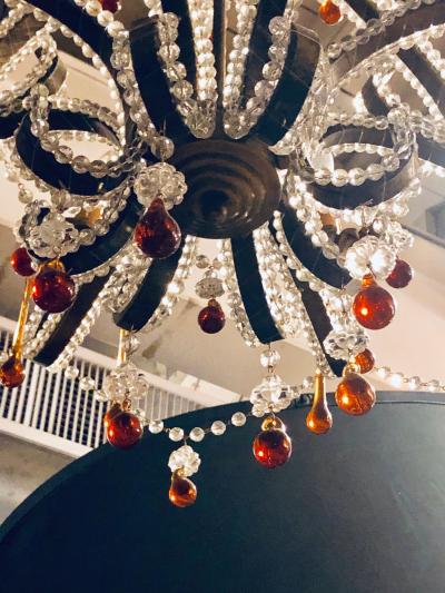 Eight Light Beaded Chandelier with Colored Tear Drop Prisms circa 1960