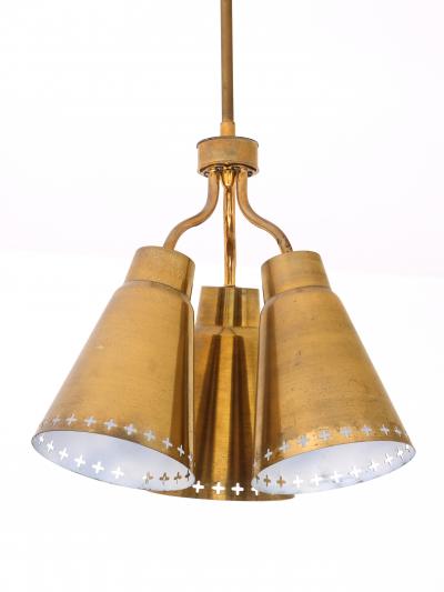 Einar Backstrom Einar Backstr m Three Arm Brass Pendant with Perforated Shades Sweden 1950s