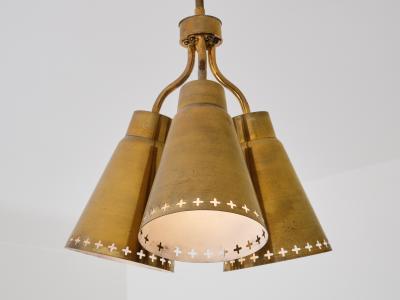 Einar Backstrom Einar Backstr m Three Arm Brass Pendant with Perforated Shades Sweden 1950s