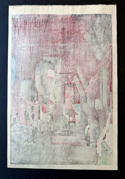 Eisho Narazaki Japanese Wood Block Print Interior of Asakusa Temple by Eisho Narazaki
