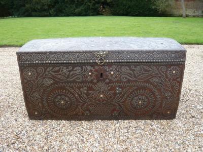 Elaborately Decorated 17th c Studded Leather Traveling Trunk