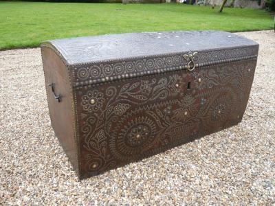 Elaborately Decorated 17th c Studded Leather Traveling Trunk