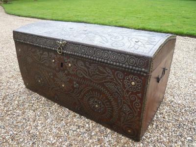 Elaborately Decorated 17th c Studded Leather Traveling Trunk