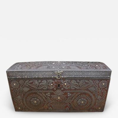 Elaborately Decorated 17th c Studded Leather Traveling Trunk