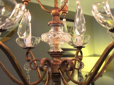 Elegant French 1940s Gilt metal 6 light chandelier with crystal pendants