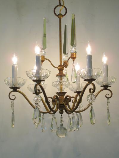 Elegant French 1940s Gilt metal 6 light chandelier with crystal pendants