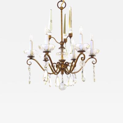 Elegant French 1940s Gilt metal 6 light chandelier with crystal pendants