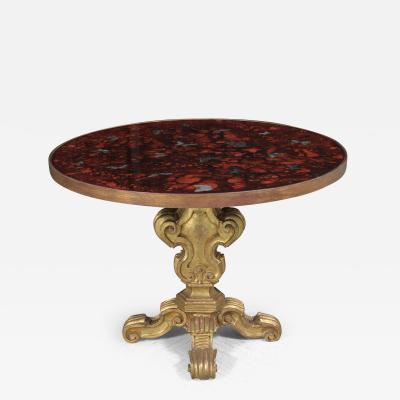 Elegant Gilt Wood Round Center Glass Top Table with Painted Butterfly Design