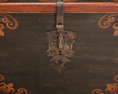Elegant Hand Painted Wood Chest with Wrought Iron Clasp