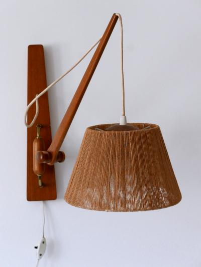 Elegant Mid Century Modern Swing Teak Sisal Wall Light Denmark 1960s