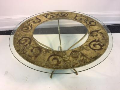 Elegant Modern Italian Etched and Enameled Glass and Brass Coffee Table
