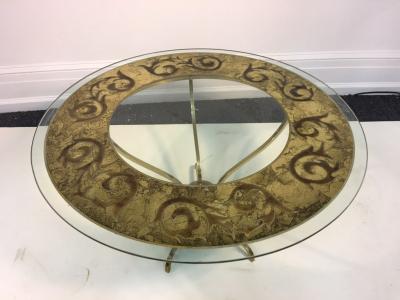 Elegant Modern Italian Etched and Enameled Glass and Brass Coffee Table