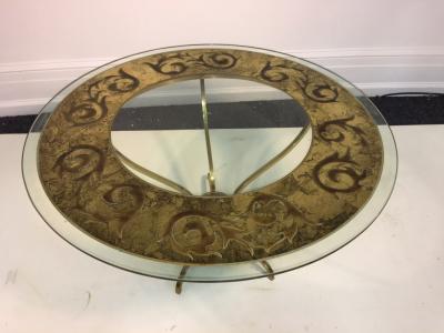 Elegant Modern Italian Etched and Enameled Glass and Brass Coffee Table