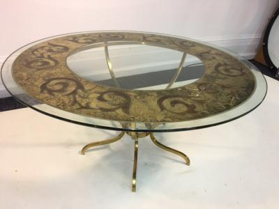 Elegant Modern Italian Etched and Enameled Glass and Brass Coffee Table