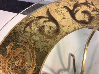 Elegant Modern Italian Etched and Enameled Glass and Brass Coffee Table