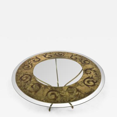 Elegant Modern Italian Etched and Enameled Glass and Brass Coffee Table