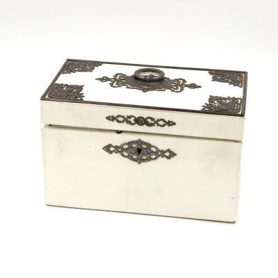 Elegant Painted English Victorian Period Tea Caddy With Elaborate Metalwork