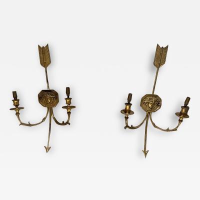 Elegant Pair French Bronze Medusa Figural Two Arm Wall Sconces Late 1800s