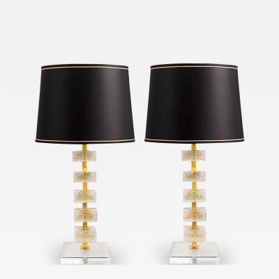 Elegant Pair of Gold Infused Murano Glass Block Table Lamps