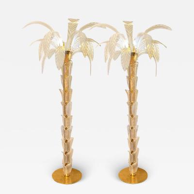 Elegant Pair of Iridescent Murano Glass Brass Palm Tree Torchieres