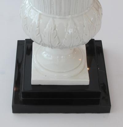 Elegant Pair of Italian White Glazed Basket Weave Urn Form Lamps