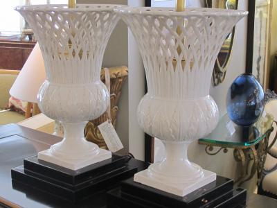 Elegant Pair of Italian White Glazed Basket Weave Urn Form Lamps