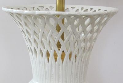 Elegant Pair of Italian White Glazed Basket Weave Urn Form Lamps