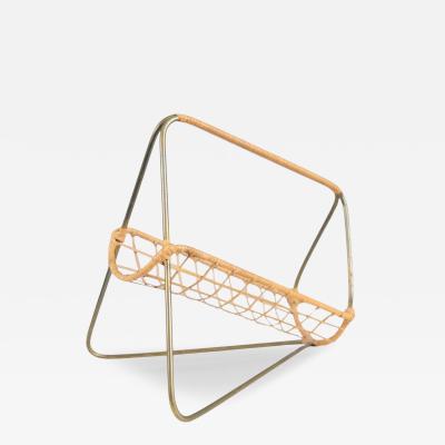 Elegant Scandinavian Mid Century Wine Bottle Holder in Brass and Rattan 1950s